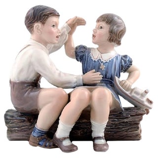 Vintage No. 1214 Girl and Boy with Ship Figurine by Dahl Jensen For Sale