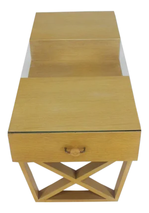 Mid-Century Modern Blond Cerused Oak Glass Top X-Base Rectangular Coffee Table
