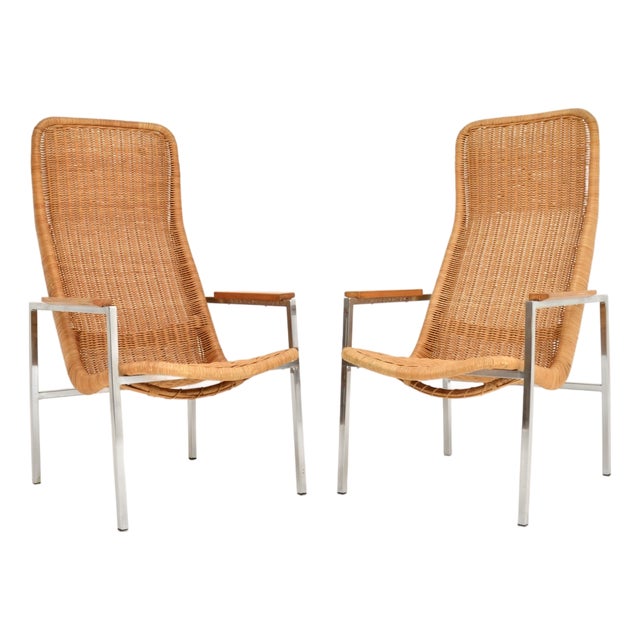 Vintage Chrome and Rattan Armchairs by Dirk Van Sliedregt for Gebroeders Jonkers Noordwolde, 1960s, Set of 2 For Sale