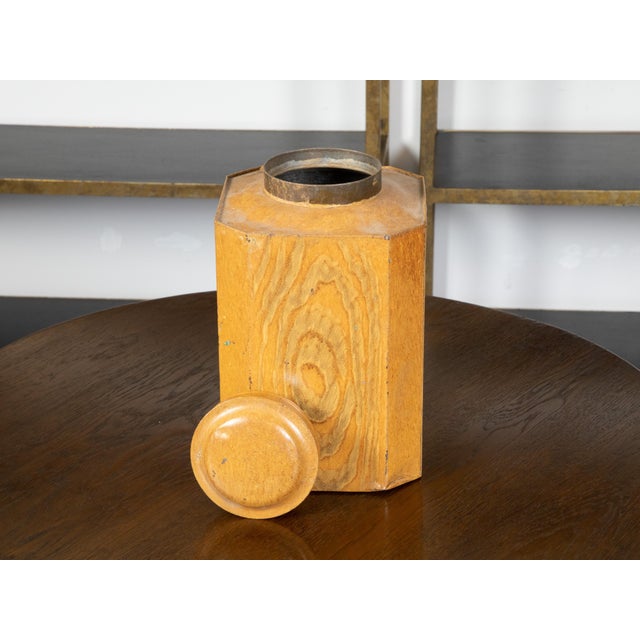 Folk Art 19th Century, Octagonal Lidded Tin Canister with Yellow Faux Bois Finish For Sale - Image 3 of 9