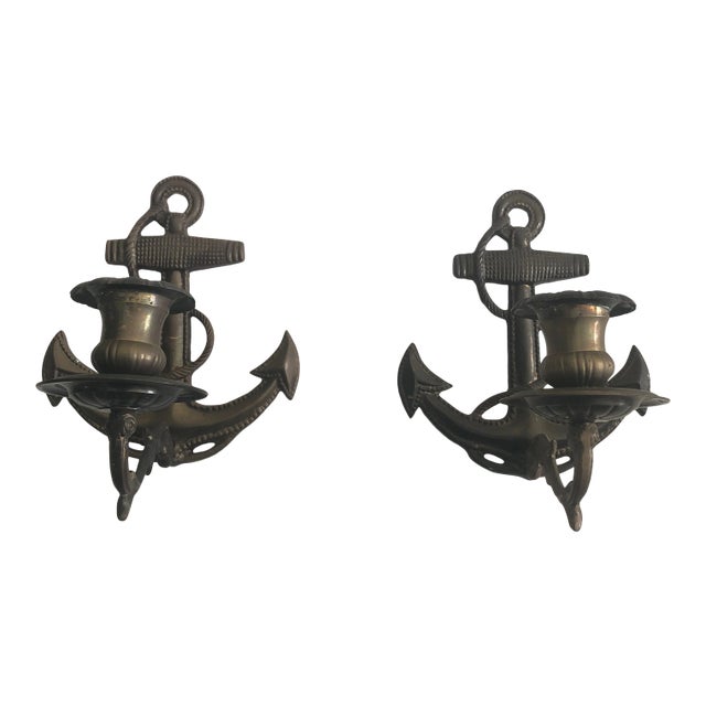Nautical Brass Anchor Motife Sconces - a Pair For Sale