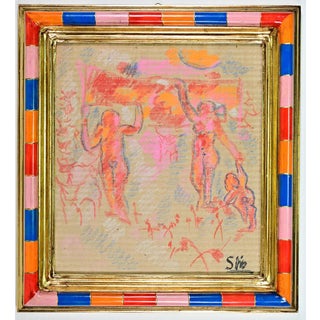 Sirio Pellegrini, Celebration Drawing, 1960s, Charcoal and Oil Pastel on Cardboard For Sale