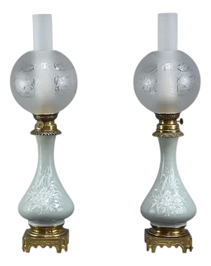 Napoleon III Electrified Celadon Oil Lamps, Set of 2