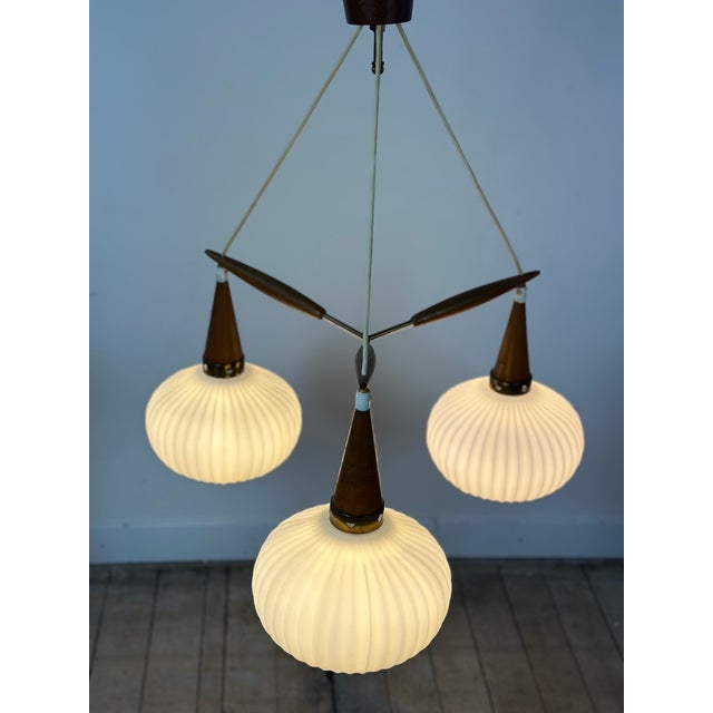 Vintage Scandinavian Chandelier in Brass, Glass, and Teak from Louis Kalff, 1960s For Sale - Image 4 of 12