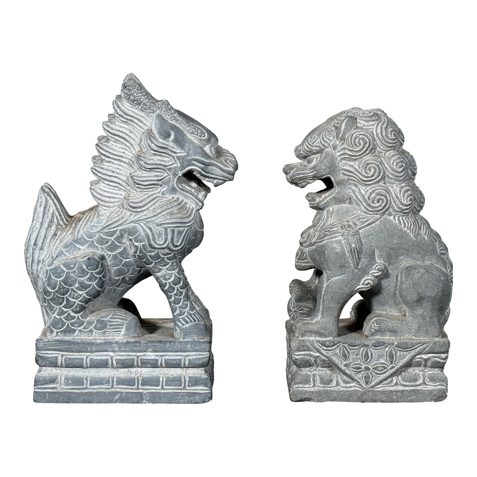 Chinese Stone Guardian Lions Foo Dogs Temple Sculptures - A Pair