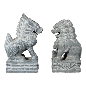 Chinese Stone Guardian Lions Foo Dogs Temple Sculptures - A Pair