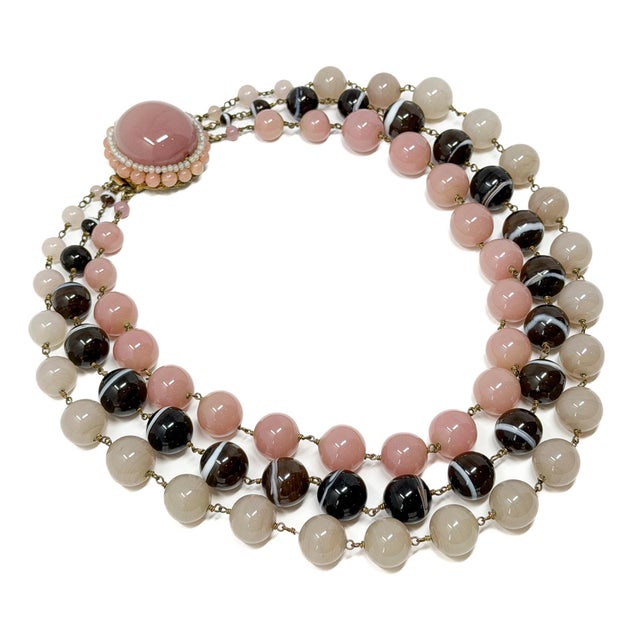 Vintage French Pink and Brown Glass Bead Statement Necklace, 1950s For Sale - Image 6 of 12