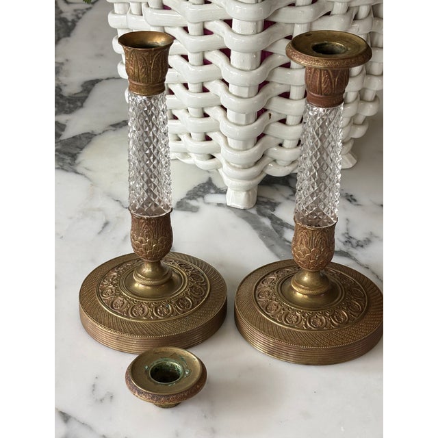 Antique French Empire Revival Gilt Brass & Cut Glass Candlesticks - A Pair For Sale - Image 10 of 13