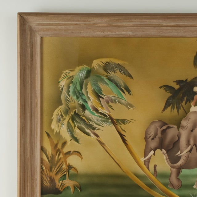 Vintage tropical air brush painting on paper with palm trees, elephants and figures, executed in a dramatic art deco...