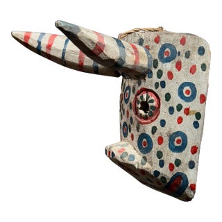Vintage Hand Carved Folk Art Polychrome Bull Mask For Sale