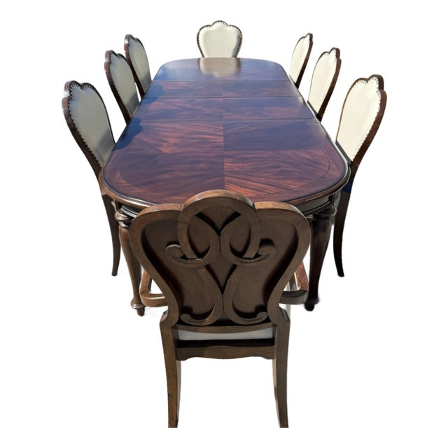 Hooker Furniture Leesburg Oval Dark Wood Dining Table & 8 Leesburg Mahogany Wood Brown Italian Leather Dining Chairs - Set of 9 For Sale