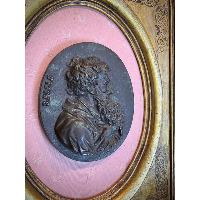 Gold Gesso Medallions of Saints Peter and Paul in Gilded Oval Frames with Silk Panels, 1890s For Sale - Image 8 of 18