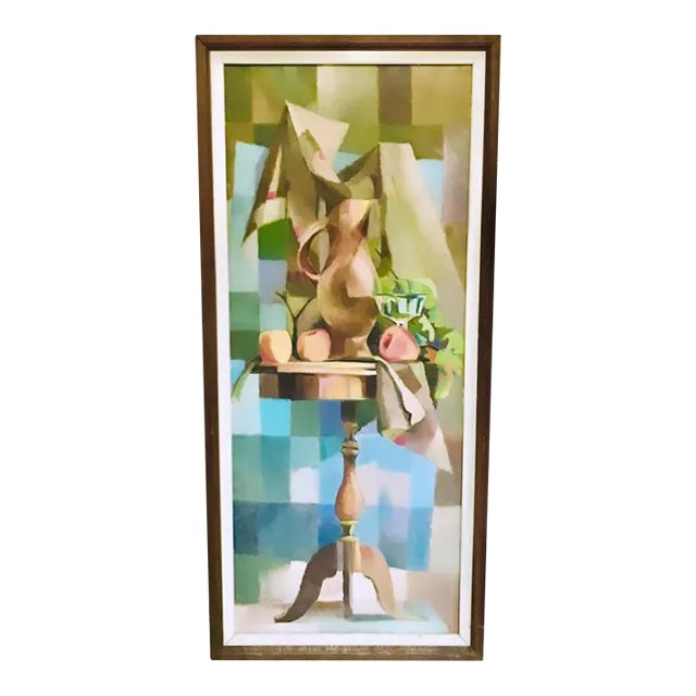 Monumental Mid Century Signed (Eisaman?) and Framed Cubism Still-Life Oil Painting For Sale