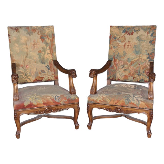 Pair of Lion Face Carved Walnut Throne Armchairs With Needlepoint Upholstery For Sale