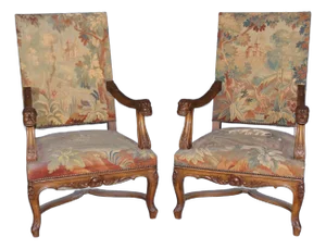 Pair of Lion Face Carved Walnut Throne Armchairs With Needlepoint Upholstery