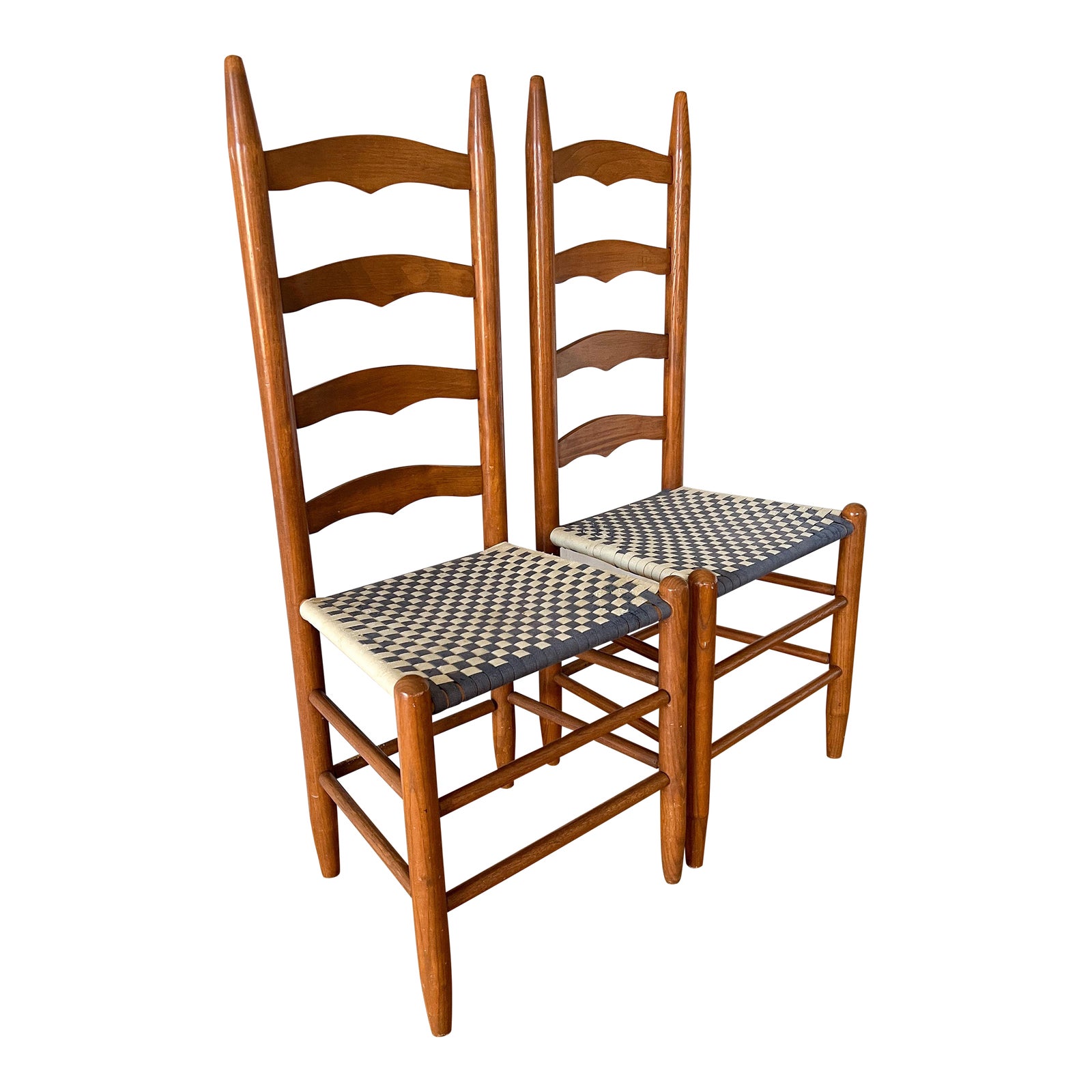 Pair of Vintage Ladder Back Chairs With Woven Checkerboard Seats | Chairish