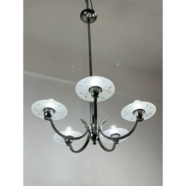 Italian Five-Light Metal and Glass Chandelier, 1940s For Sale - Image 9 of 12