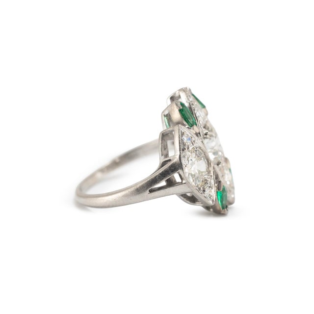Antique Art Deco Platinum CTW Old Cut Diamond & Emerald Dinner Cocktail Ring, Size 8 For Sale - Image 4 of 9