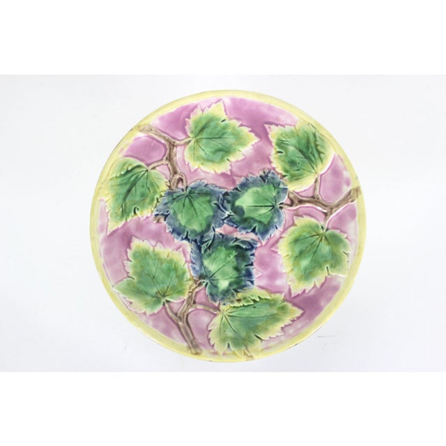 Late 19th Century Antique Etruscan Majolica Cake Stand, Round Pink Yellow Green Leaf Motif Platter With Faux Bois and Ivy Base Makers Mark For Sale - Image 5 of 11