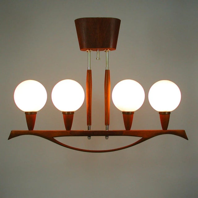 Mid-Century Modern Mid-Century Swedish Modern Teak and Satin Glass Chandelier, 1960s For Sale - Image 3 of 18