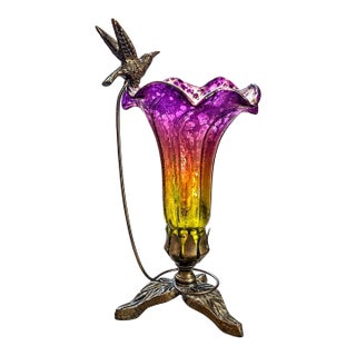 Vintage Hummingbird Flower Art Glass Table Lamp | Purple & Amber | Made in India For Sale