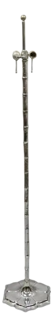 Vintage Hollywood Regency Faux Bois Bamboo Chrome Lotus Base Pole Floor Lamp