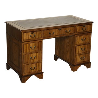 Vintage Oak Office Pedestal Desk in Brown Leather Top For Sale