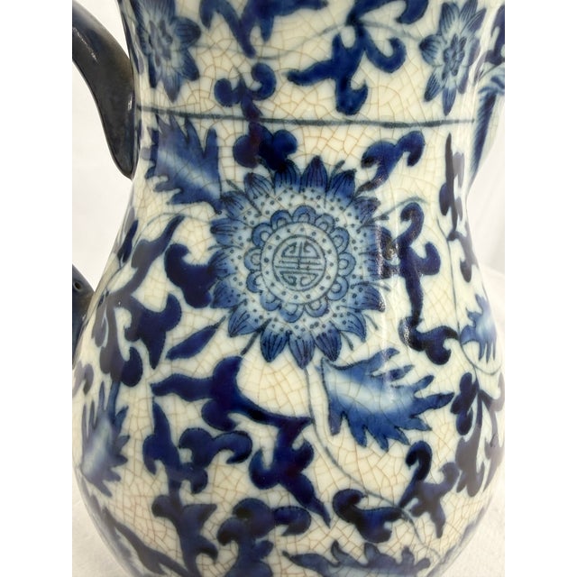 1950s Chinese Blue & White Crackle Glaze Porcelain Pitcher With Figural Face Motif For Sale - Image 4 of 10