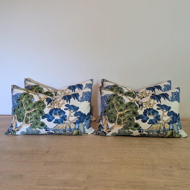 Custom - Thibaut Asian Scenic Blue & Green Lumbar Pillows For Sale In Greensboro - Image 6 of 7