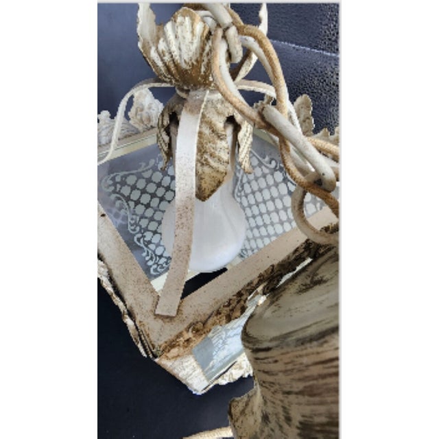 Vintage Tole and Etched Glass Panel Pendant Lantern For Sale - Image 10 of 12