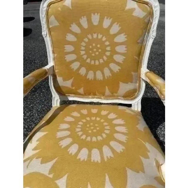 Pair of Vintage Italian Painted Bergere Chairs Upholstered in Yellow and White Linen For Sale In Savannah - Image 6 of 12