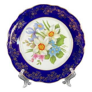 Gilt and Cobalt Blue Porcelain Plate from Limoges Rehausse Main, France, 1920s For Sale