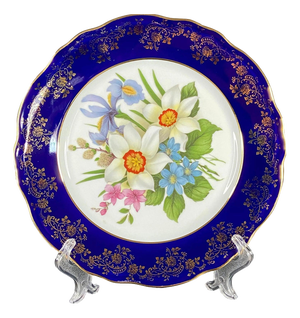 Gilt and Cobalt Blue Porcelain Plate from Limoges Rehausse Main, France, 1920s