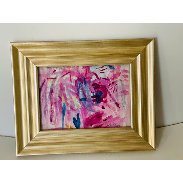 Small mixed media painting in silver tone frame Pink Abstract.