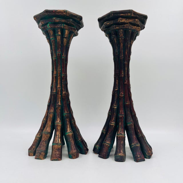 Vintage Faux Bamboo Bronze Metal Pillar Candleholders 12"h - A Pair For Sale - Image 10 of 16