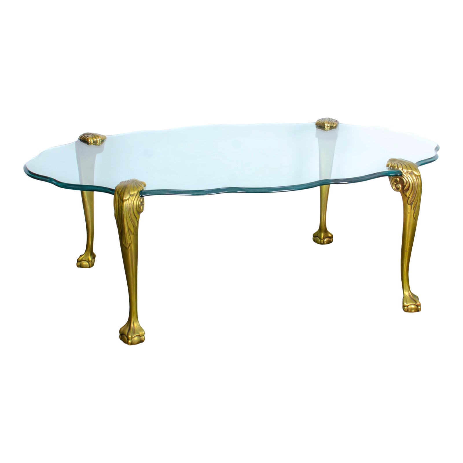 20th Century Italian Gilt Brass Ball and Claw Foot Glass Coffee Table