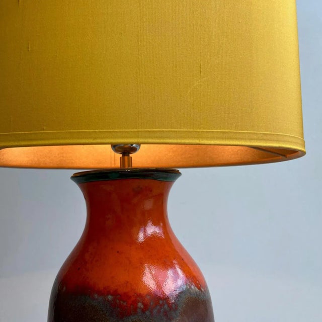 Textile Fat Lava Green Brown Orange Ceramic Table Lamp, West Germany, 1970 For Sale - Image 7 of 18