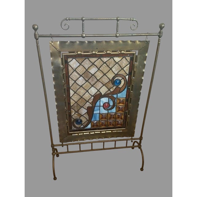 Antique Victorian Jeweled & Leaded Stained Glass Fireplace Screen In very good original condition showing some typical age...