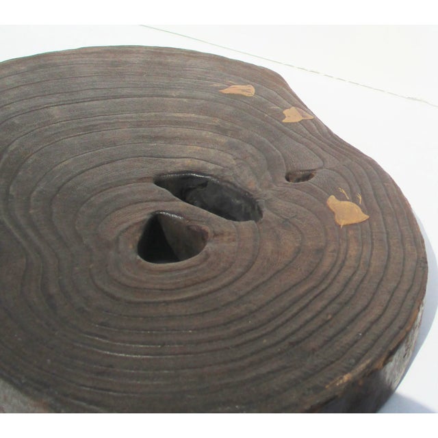 Antique Japanese Lacquered Ikebana Display Stand. Cedar slab with handpainted lacquer design on the side and on the top...