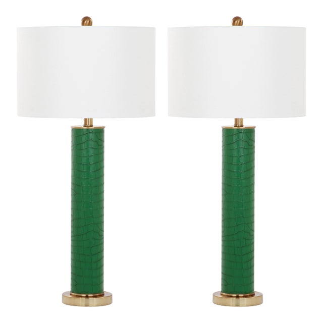31.5 Inch H Faux Alligator Table Lamp in Dark Green - a Pair For Sale