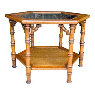 Vintage 1970s Faux Bamboo Hexagonal Side Table – Hollywood Regency Chinoiserie Glass Top & Cane Shelf For Sale