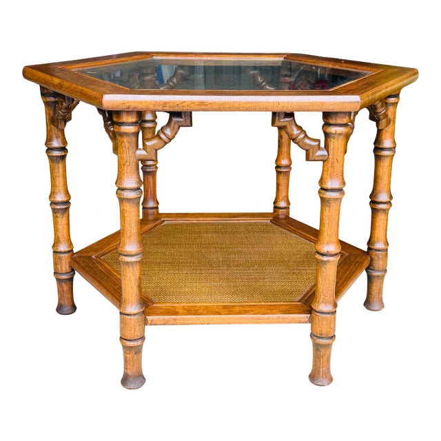 Vintage 1970s Faux Bamboo Hexagonal Side Table – Hollywood Regency Chinoiserie Glass Top & Cane Shelf For Sale