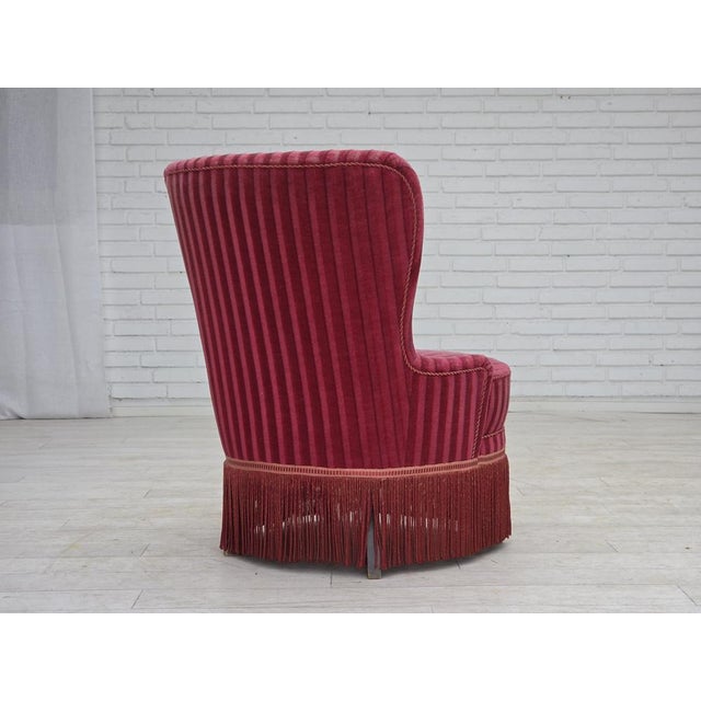 Wood Danish Armchair in Striped Red Furniture Velour, 1960s For Sale - Image 7 of 17