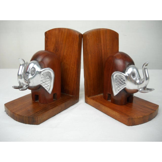 Wood Wood and Metal Elephant Bookends, Pair For Sale - Image 7 of 7