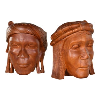 Vintage Mid 20th Century Tribal Carved Wood Figural Bookends Heads Only For Sale