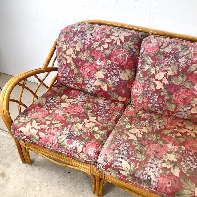 Late 20th Century Vintage Palm Beach Style Rattan Sofa With Architectural Lattice Back For Sale - Image 5 of 18