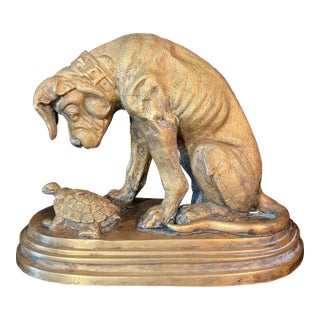 1900s Bronze of Chien À La Tortue, Dog With Tortoise, Depicting a Hound Observing a Turtle, Originally Designed by French Sculptor Alfred Jacquemart For Sale