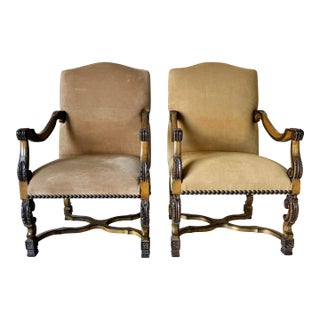Pair of Vintage Louis XIV-Style Suede Leather and Carved Wood Armchairs by Kreiss Collection For Sale