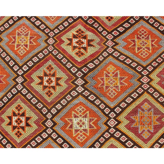 Orange Mid 20th Century Colorful Vintage Turkish Embroidered Flat-Weave Kilim Rug With All-Over Diamond Design For Sale - Image 8 of 13