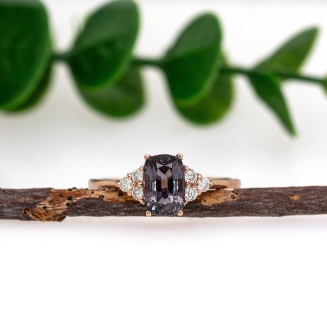 1.4ct Grey Spinel Ring W Natural Diamond Accents in 14k Rose Gold | Cu 8x4.5mm, Size 6.75 For Sale - Image 4 of 8